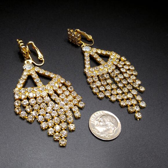 Vintage 1960s Rhinestone Long Dangle Clip Earrings, Gold Plated - Picture 9 of 10